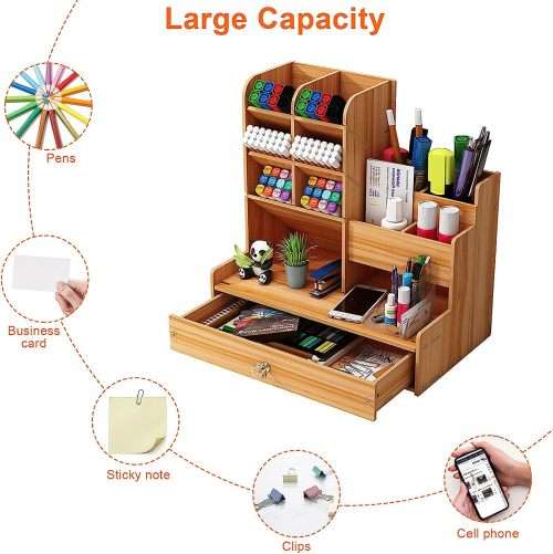 Wooden Desk Organiser DIY Desktop Tidy Pen Holder Large Capacity Stationery Storage Box