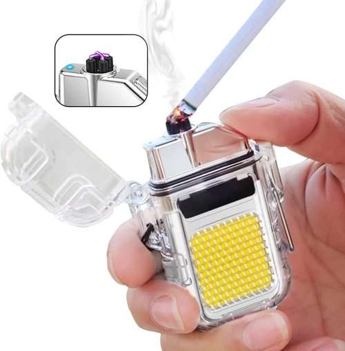 FA-WJ-990 Rechargeable Mini Hook Flashlight With Lighter Clear Case + Type C Charger Cable