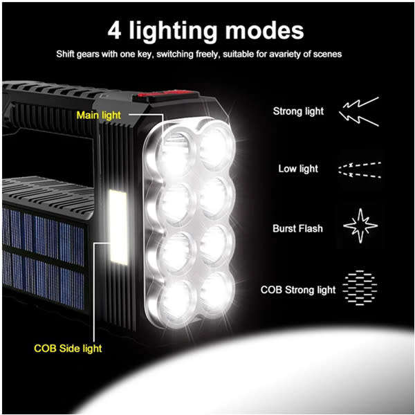 8 LED Solar Rechargeable Flashlights Multifunction LED Torch Portable Flashlight