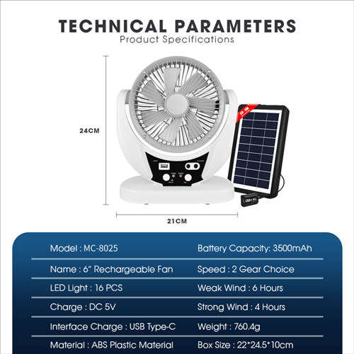 6Inch Desk Fan Solar Fan With Solar Panel USB Rechargeable Fan