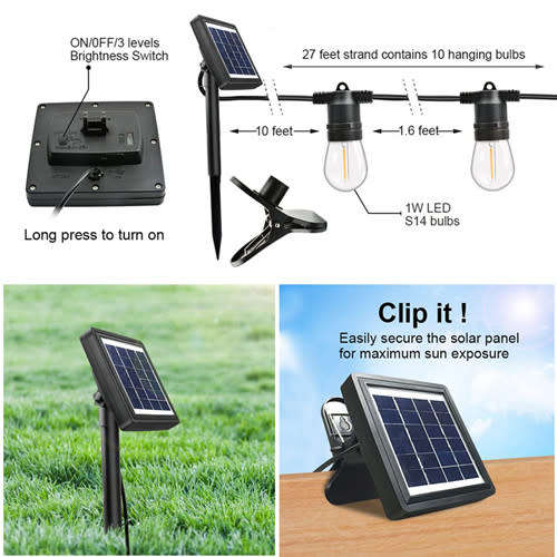 Solar Powered Outdoor Patio String Lights Bistro String Lights with 10 LED Clear