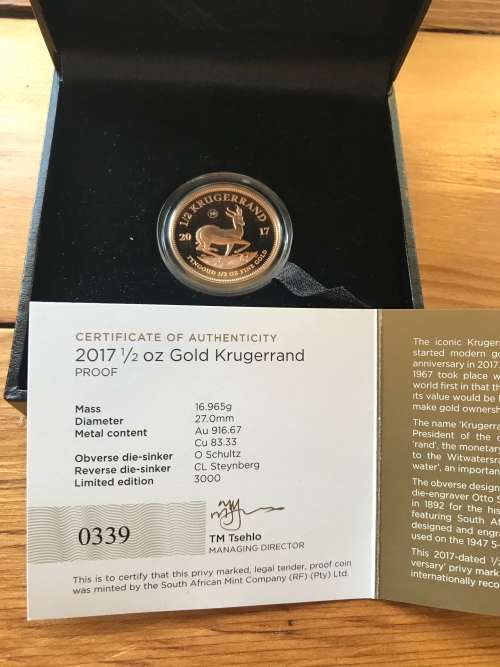 2017 1/2oz Proof Krugerrand With 50 Year Anniversary Mint Mark.