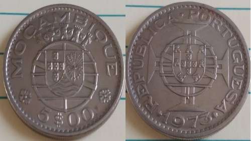 1973 - Mozambique - $5 - Emblem of Portugal`s Order of the Colonial Empire - Demonetised Yes -Copper