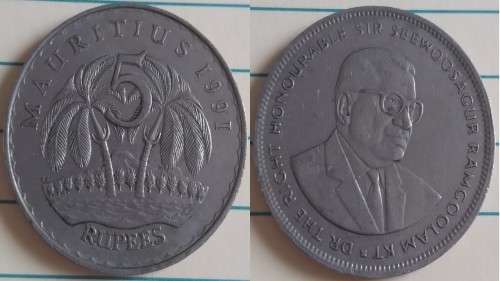 1991 - Mauritius - 5 Rupees - Palm Trees - Demonetised No -Copper-Nickel