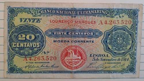 5 November 1914 - Portuguese Mozambique -  20 Centavos -  A4, 263, 520 - Demonetised -  Yes