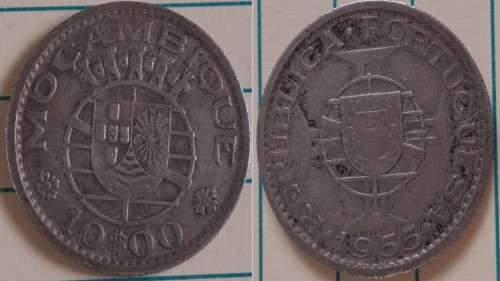 1955 - Mozambique `Overseas Province of Portugal`  -  10$00 - 10 Escudos - Coat of Arms - Silver .72