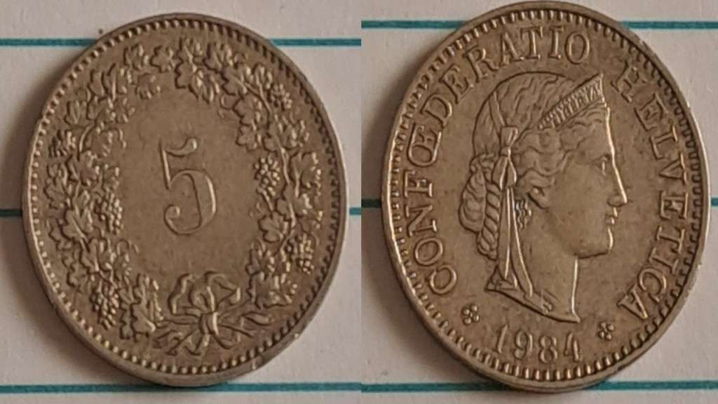 1984 - Switzerland - 5 Rappen - Head of Libertas  - Demonetised -  No - Aluminium bronze 