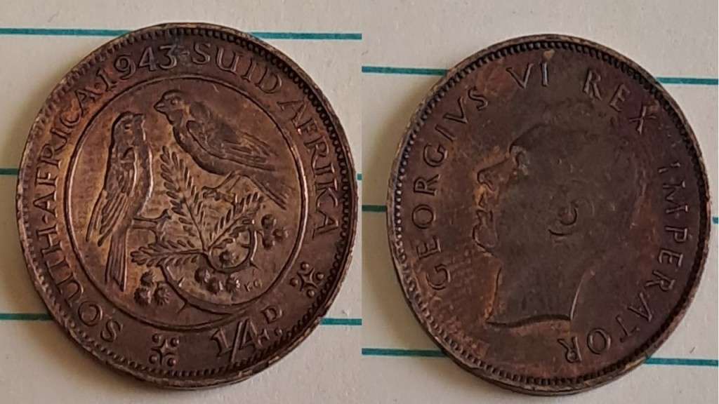1943 - SA -  ¼ Penny - George VI -  Demonetised - March 1961 -  Bronze