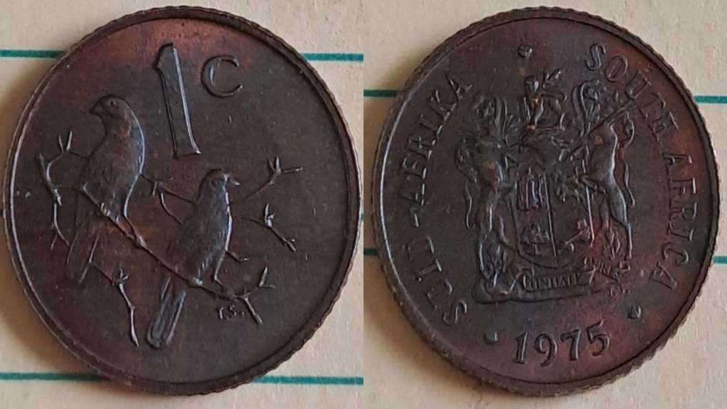 1975 - SA -  1 - AU/NC- Coat of Arms/Two Cape sparrows - Bronze