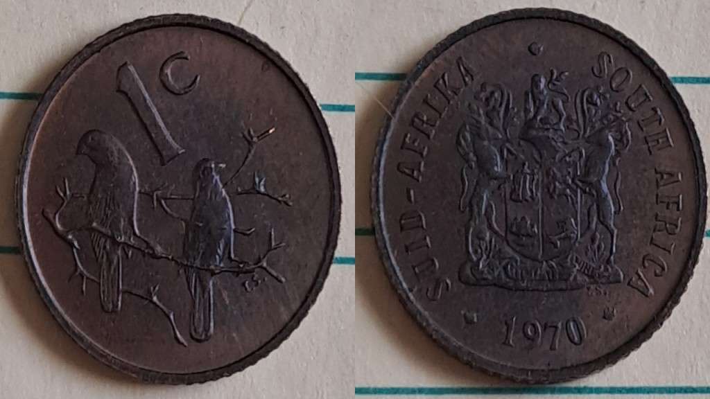 1970 - SA -  1 - AU/NC- Coat of Arms/Two Cape sparrows - Bronze
