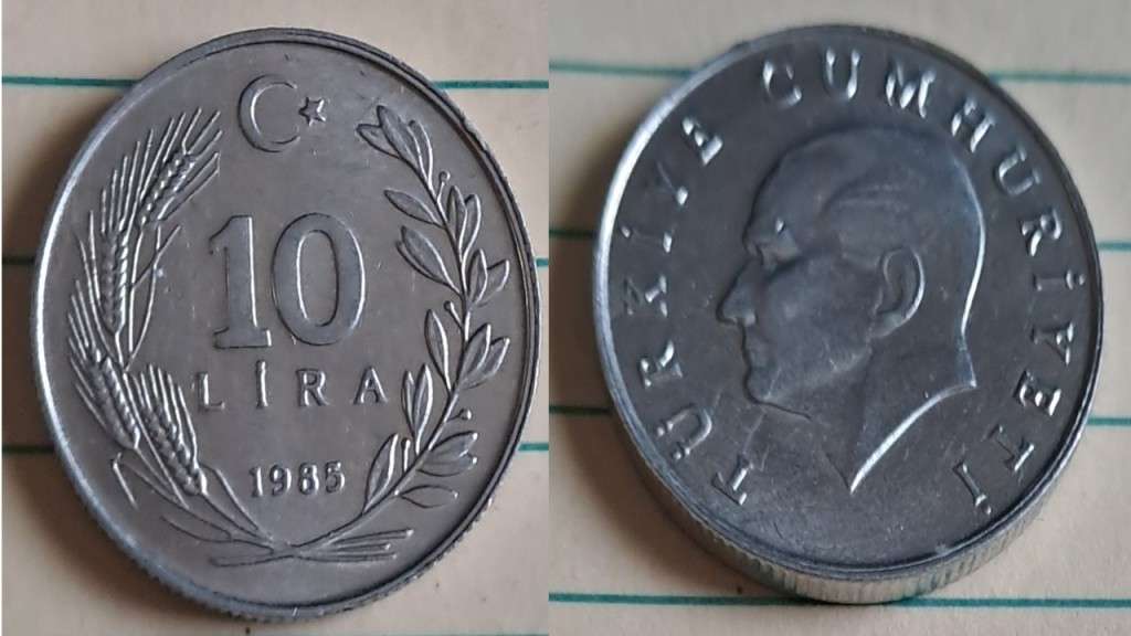 1985 - Turkey -10 Lira - AU/NC- Head of Atatürk - Demonetised - Yes - Aluminium