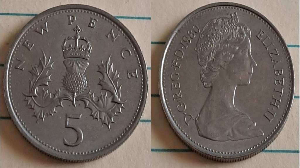 1980 -  UK -  5 New Pence - ER II - Demonetised - Feb 1998 - Copper-nickel