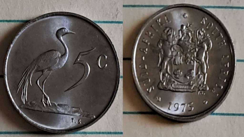 1975 - SA -  5c - AU/NC- Blue crane/Coat of Arms - Nickel