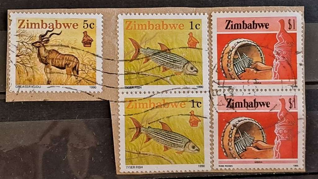 1990/1985 - Zimbabwe - 5, 1, 1, $5, $5 - Greater Kudu, Tiger Fish, Mbira