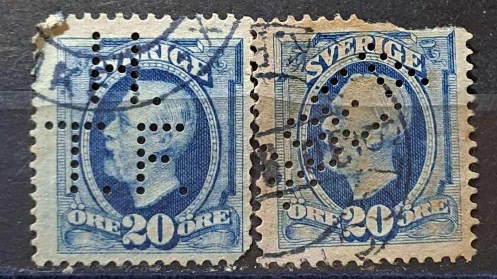 1891-1903 - Sweden -  Perfin HTF & ASEA - 20ÖRE + 20ÖRE - King Oscar II