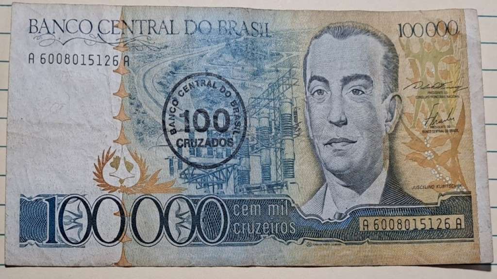 1986 - Brazil - 100 000 Cruzeiros/100 Cruzados overprinted- Demonetised - Jan 1989 - A 6008015126 A