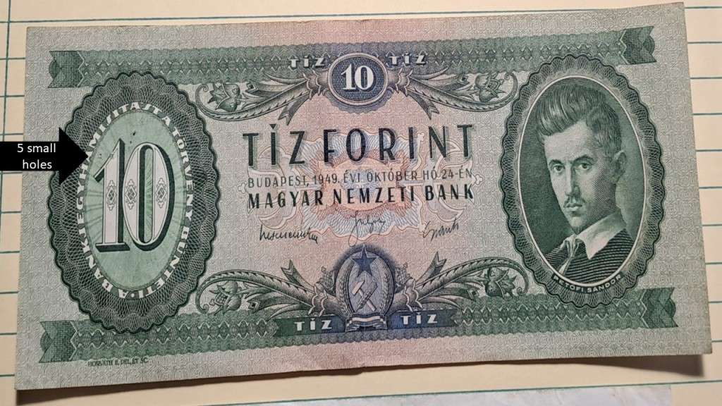 1949 - Hungary  - 10 Forint  -  Demonetised - Sep 1992 -  A 773 142788 -  Note Condition: 5 small h