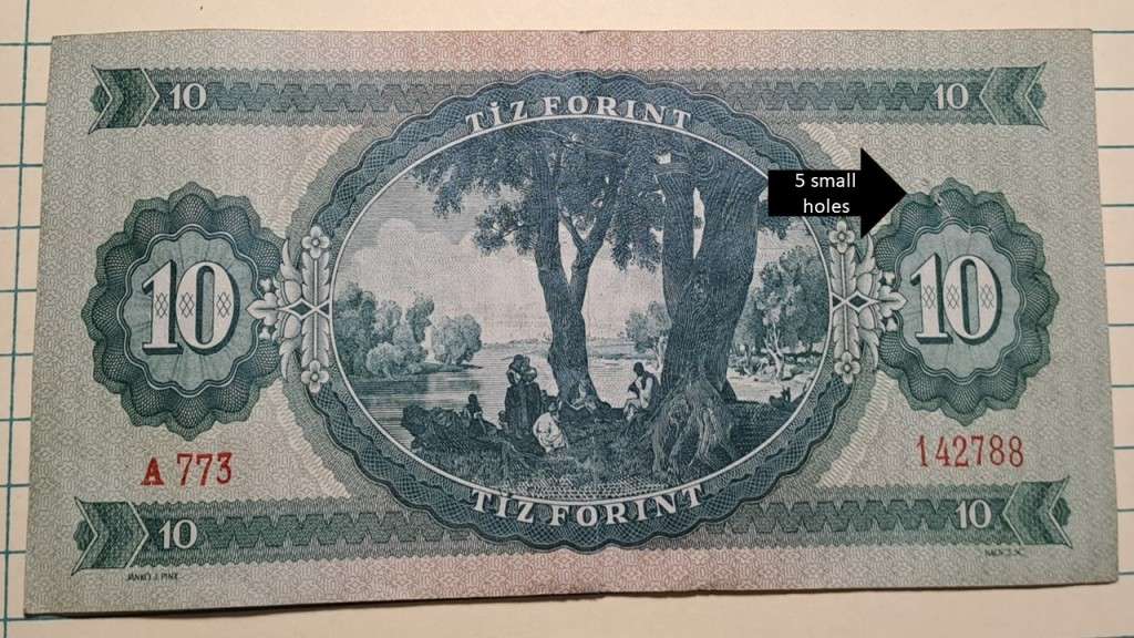 1949 - Hungary  - 10 Forint  -  Demonetised - Sep 1992 -  A 773 142788 -  Note Condition: 5 small h