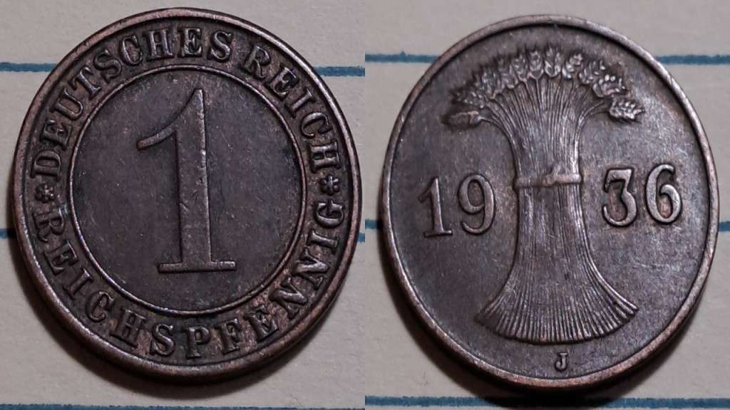 1936 J - Germany -  1 Reichspfennig -  Demonetised - Yes - Copper