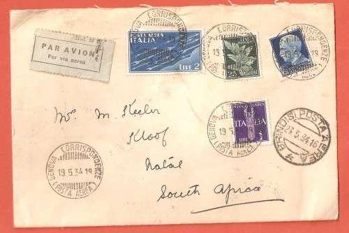 Rare - Italian Airmail sent to South Africa dated 1934**