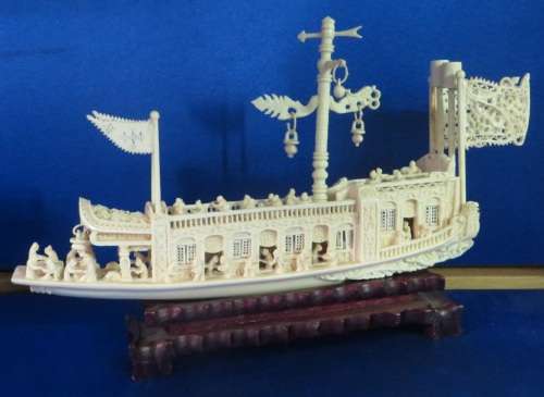 Excellent detailed Faux Ivory Chinese Boat on Wooden Stand** Beautiful Piece**