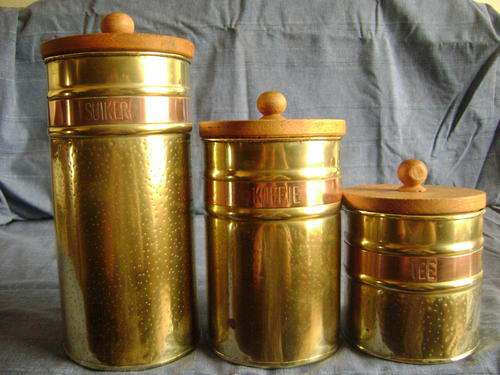 Set of 3 Brass Canisters - "SUIKER, KOFFIE, TEE"