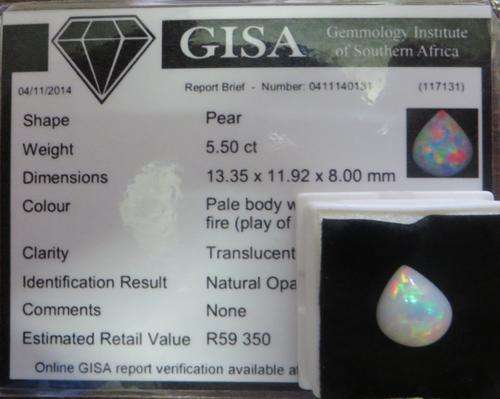 **BEAUTIFUL - 5.50ct Natural Pear Opal ** Retail Value is R59 350**With GISA certificate