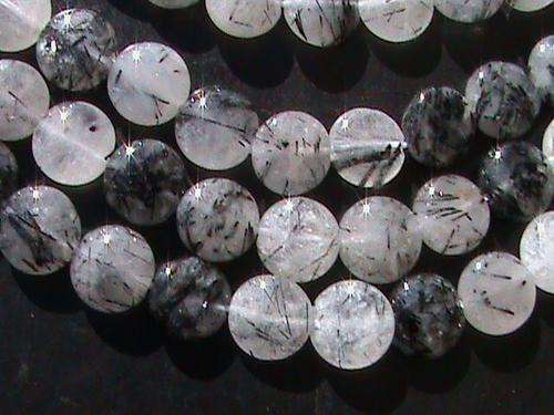 CRYSTAL QUARTZ + TOURMALINE NEEDLE, ROUND FLAT BEADS