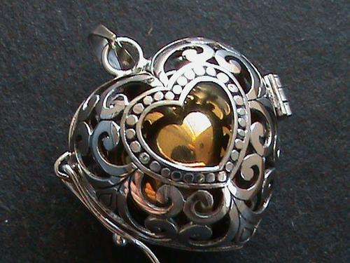 LARGE HEART SHAPE MYSTIC BELL / HARMONY BALL PENDANT.  STERLING SILVER !