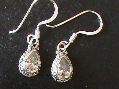 SOLID STERLING SILVER HOOK EARRINGS.   WHITE CUBIC ZIRCONIA STONES