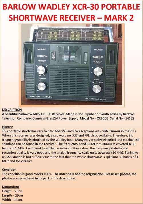 BARLOW WADLEY XCR-30 PORTABLE SHORTWAVE RECEIVER  MARK 2