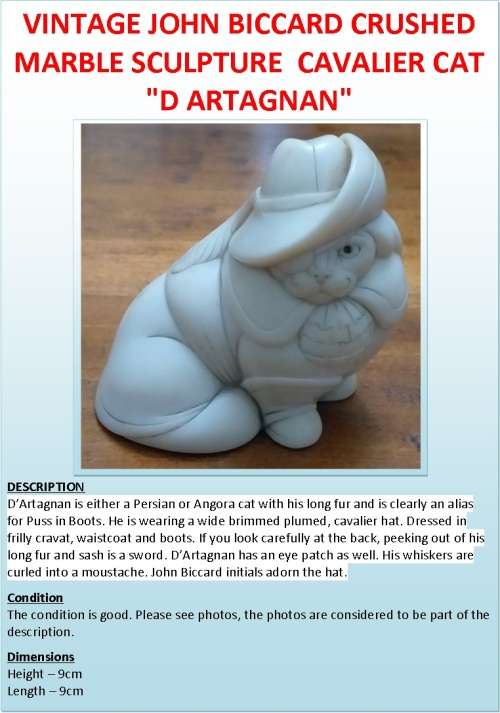 VINTAGE JOHN BICCARD CRUSHED MARBLE SCULPTURE  CAVALIER CAT "D ARTAGNAN"