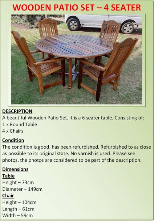 WOODEN PATIO SET  4 SEATER