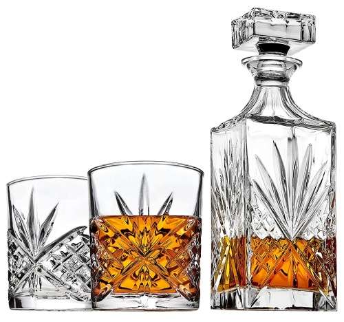 7 Piece Clear Diamond Cut Style Whiskey Decanter with Glasses Set