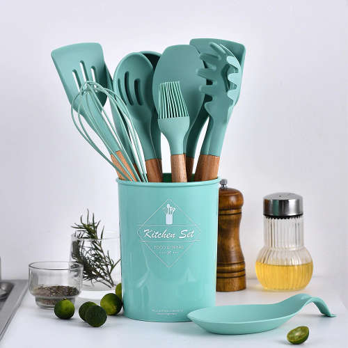 New 13 Pcs Silicone Kitchen Utensil Set Non-Stick Heat-Resistant Cookware Kit-Bamboo Wooden Handles