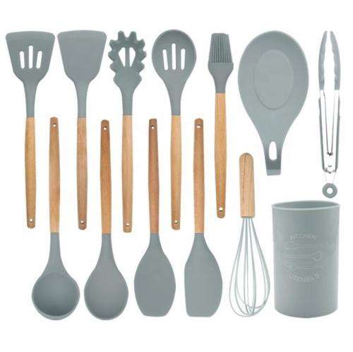New 13 Pcs Silicone Kitchen Utensil Set Non-Stick Heat-Resistant Cookware Kit-Bamboo Wooden Handles