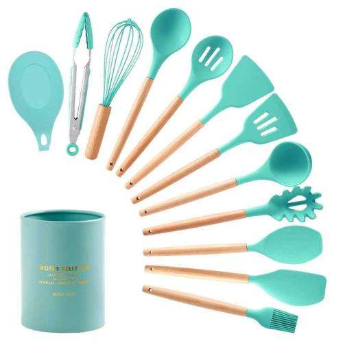 New 13 Pcs Silicone Kitchen Utensil Set Non-Stick Heat-Resistant Cookware Kit-Bamboo Wooden Handles