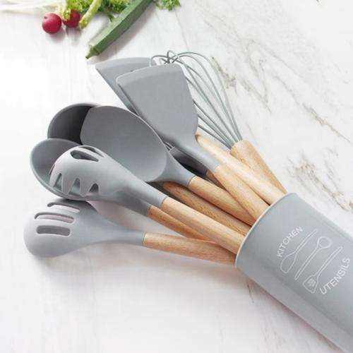 New 13 Pcs Silicone Kitchen Utensil Set Non-Stick Heat-Resistant Cookware Kit-Bamboo Wooden Handles
