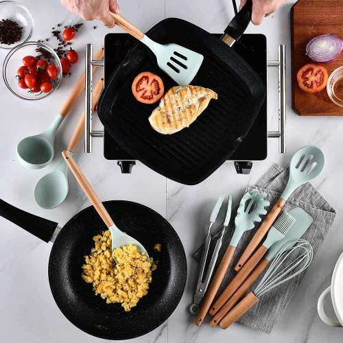 New 13 Pcs Silicone Kitchen Utensil Set Non-Stick Heat-Resistant Cookware Kit-Bamboo Wooden Handles