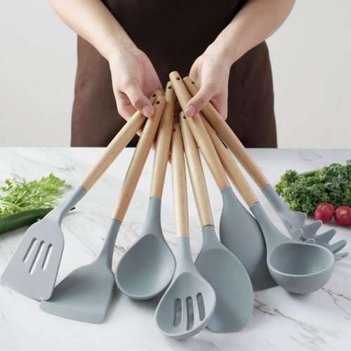 New 13 Pcs Silicone Kitchen Utensil Set Non-Stick Heat-Resistant Cookware Kit-Bamboo Wooden Handles