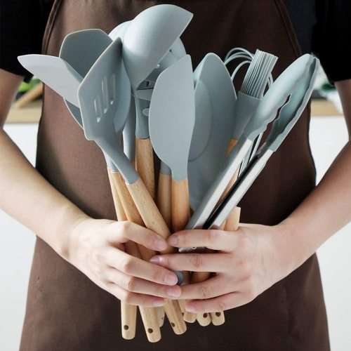 New 13 Pcs Silicone Kitchen Utensil Set Non-Stick Heat-Resistant Cookware Kit-Bamboo Wooden Handles