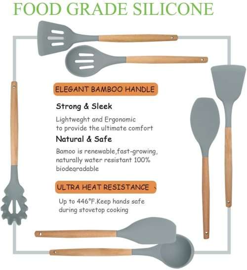 New 13 Pcs Silicone Kitchen Utensil Set Non-Stick Heat-Resistant Cookware Kit-Bamboo Wooden Handles
