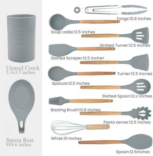 New 13 Pcs Silicone Kitchen Utensil Set Non-Stick Heat-Resistant Cookware Kit-Bamboo Wooden Handles