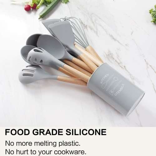 New 13 Pcs Silicone Kitchen Utensil Set Non-Stick Heat-Resistant Cookware Kit-Bamboo Wooden Handles