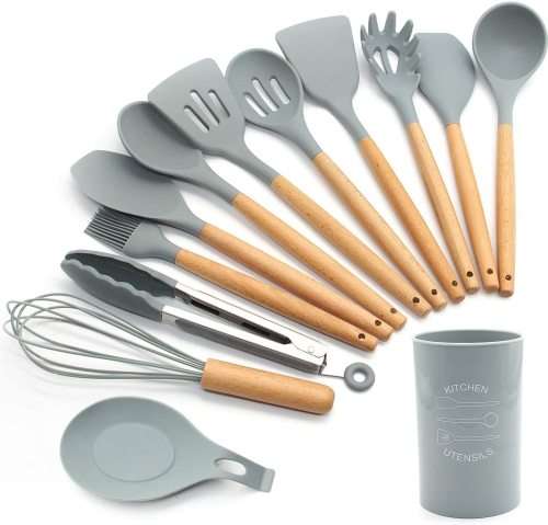 New 13 Pcs Silicone Kitchen Utensil Set Non-Stick Heat-Resistant Cookware Kit-Bamboo Wooden Handles