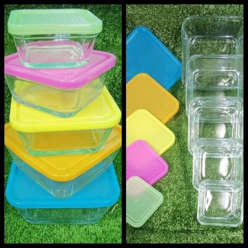 5 Piece Glass Bowls in Different Sizes with Colourful Lids