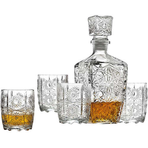 7 Piece Clear Vintage Style Whiskey Liquor Decanter with Glasses Set