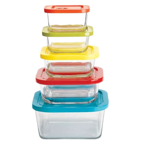 Brand New 5 Piece Glass Bowls in Different Sizes with Colourful Lids