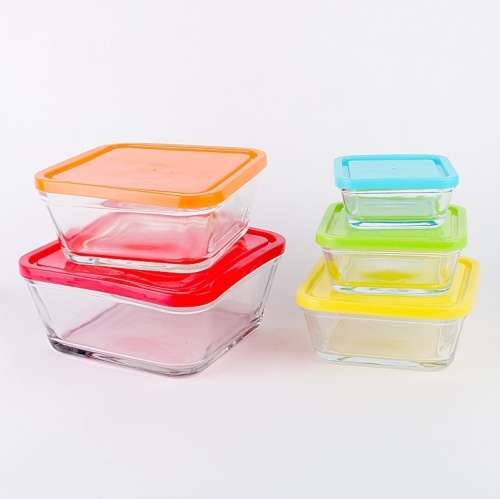 Brand New 5 Piece Glass Bowls in Different Sizes with Colourful Lids