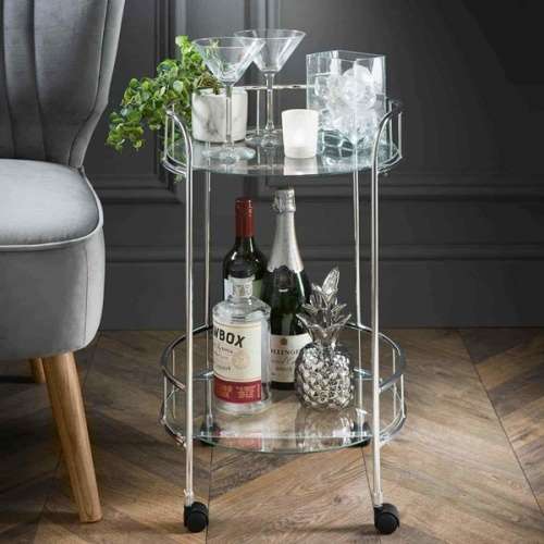 Silver Bar Cart Kitchen Drinks Trolley 2 Tier Round